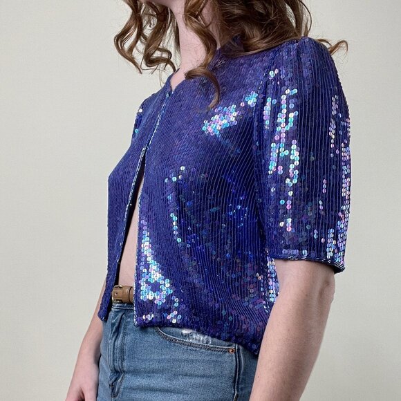 Vintage Silk Sequin Beaded Iridescent Puff Pleated Short Sleeve Button Up Blouse - Picture 3 of 8